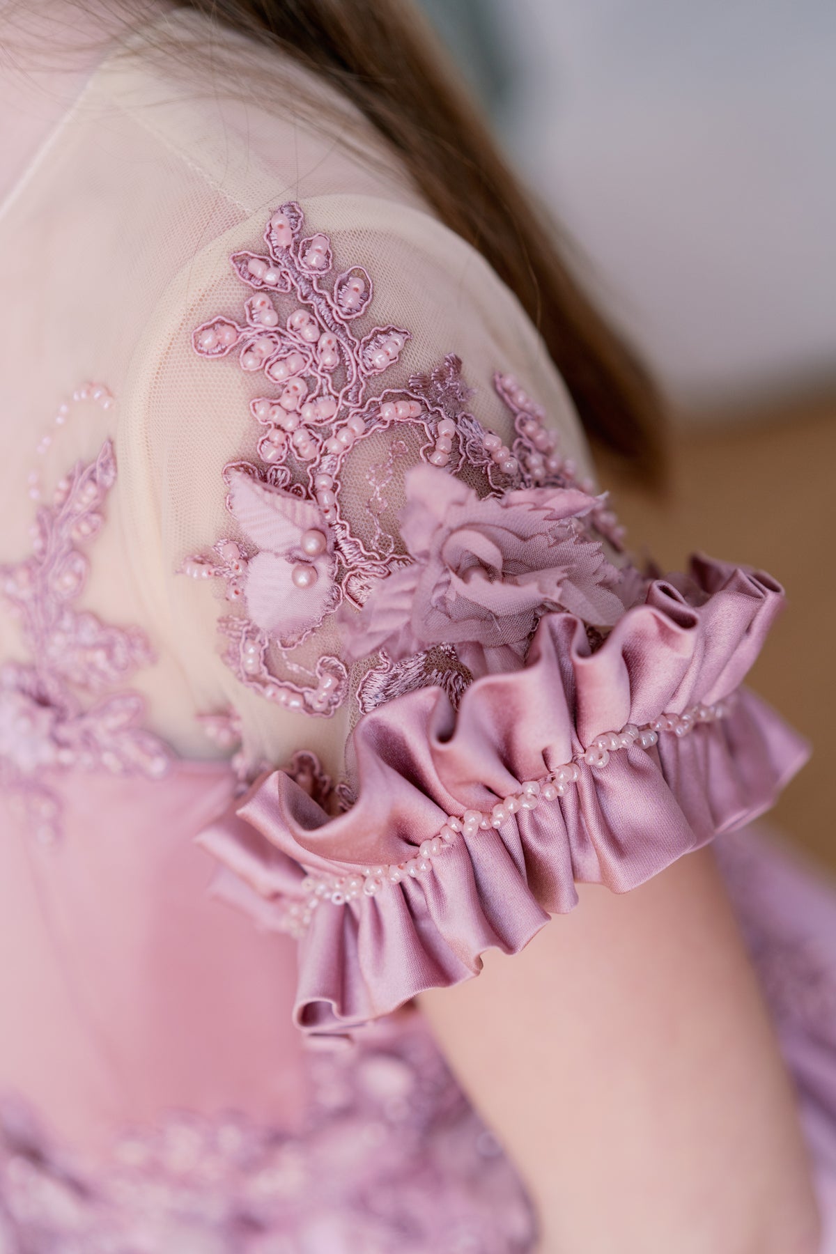 Dusty pink princess gown with 3D floral embroidery